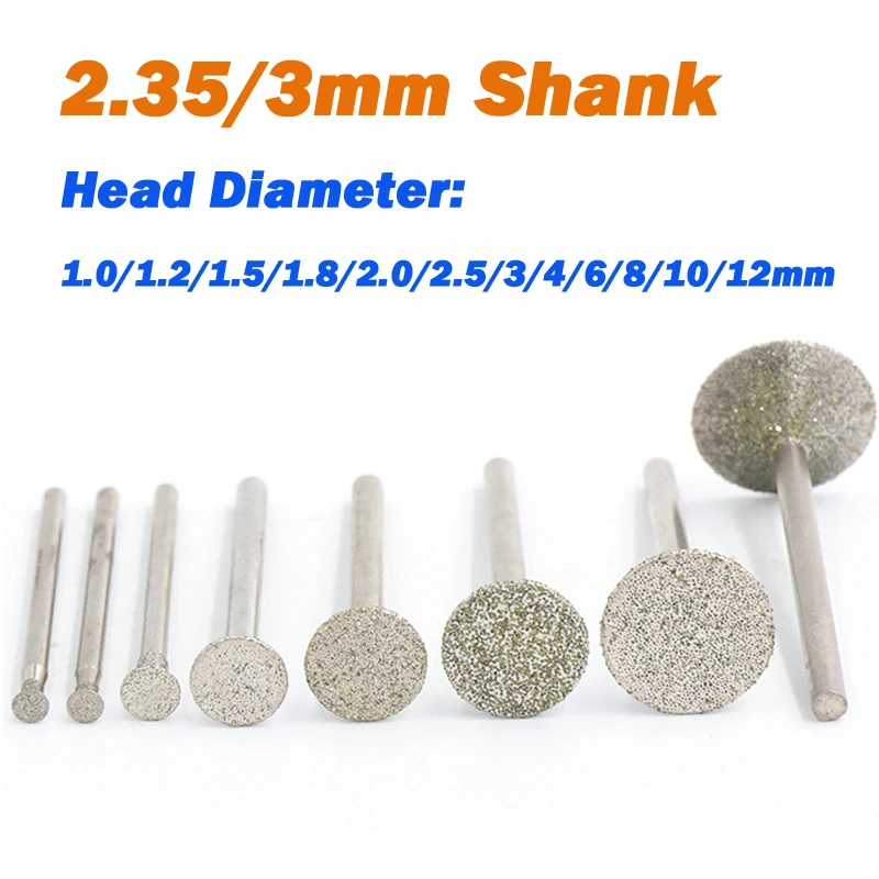 

Diamond Grinding Bits 2.35/3mm Shank Diamond Mounting Point Grinding Head Diameter 1.0mm~12mm Jade Carving Polishing Rotary Tool