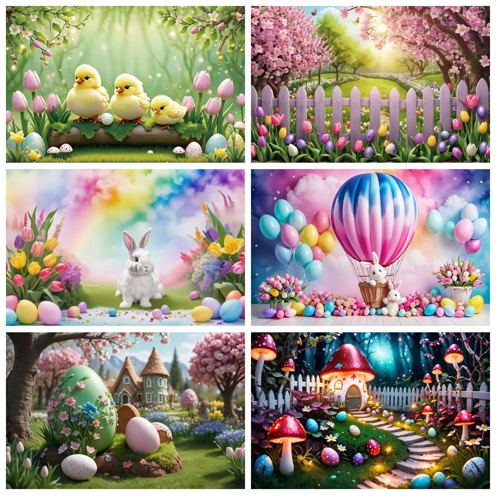 

MOON.QG Happy Easter 2025 Background Photography Rabbit Bunny Home House Enchanted Forest Garden Balloons Decoration Backdrop