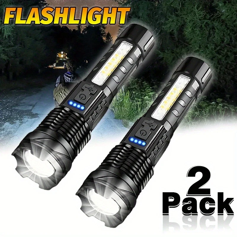 Powerful XHP50 LED Flashlight Waterproof Torch with Side Light 7 Modes Camping Fishing Lantern USB Rechargeable Zoomable Lamp