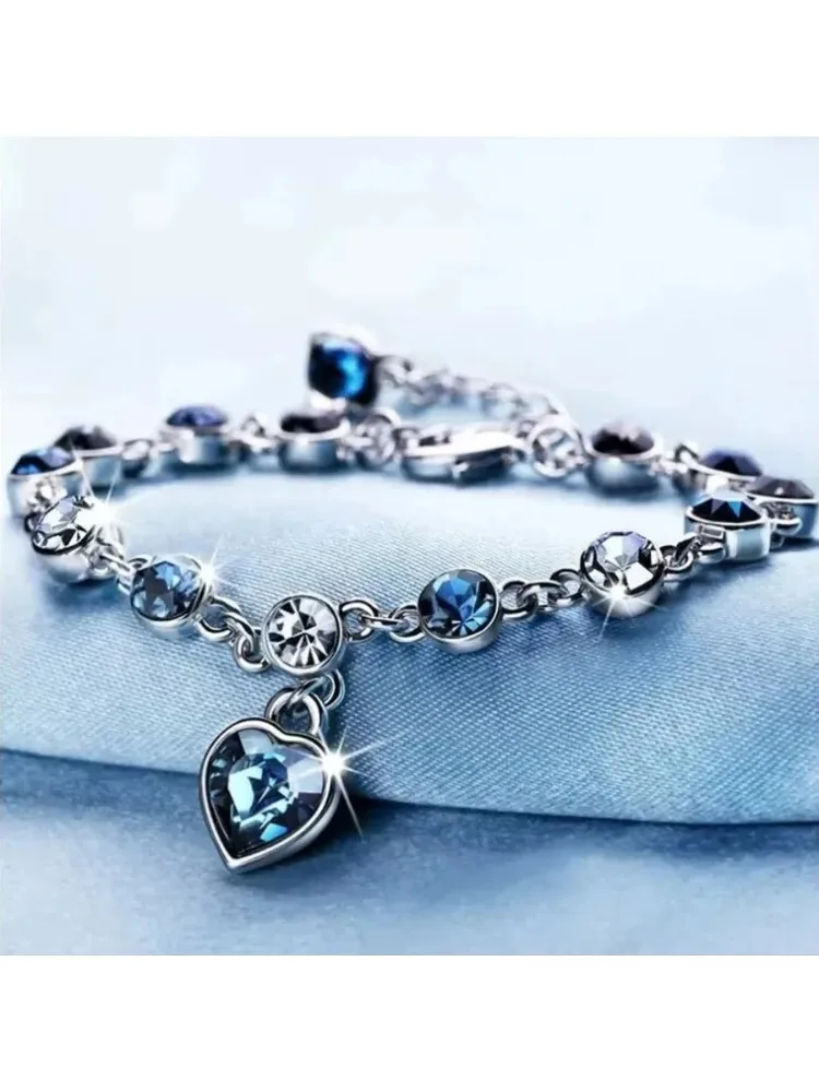 Vrouwen Zilver Kleur Geluk Armband Vrouwelijke Blauwe Kristal Hart Charme Pulseras Armband Bruids Bruiloft Engagement Fijne Sieraden - afbeelding 2