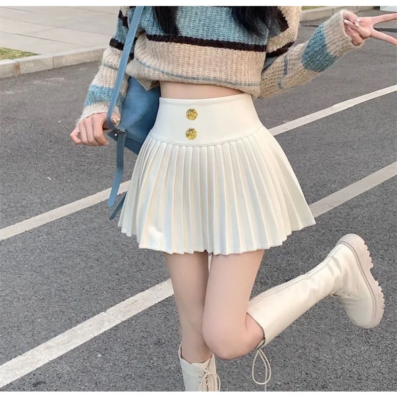 New Autumn Winter Tweed Pleated Skirt For Women High Waist Slim Retro Short