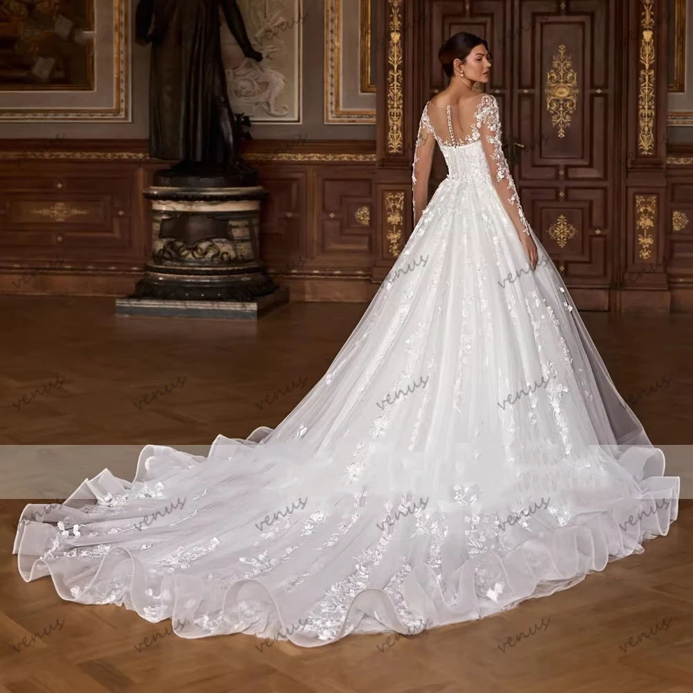 Abiti da Sposa Glamour, Vestiti Nuziali Vintage con Applicazioni in Pizzo, Maniche Lunghe, Eleganti e Personalizzabili, Vestidos De Novia