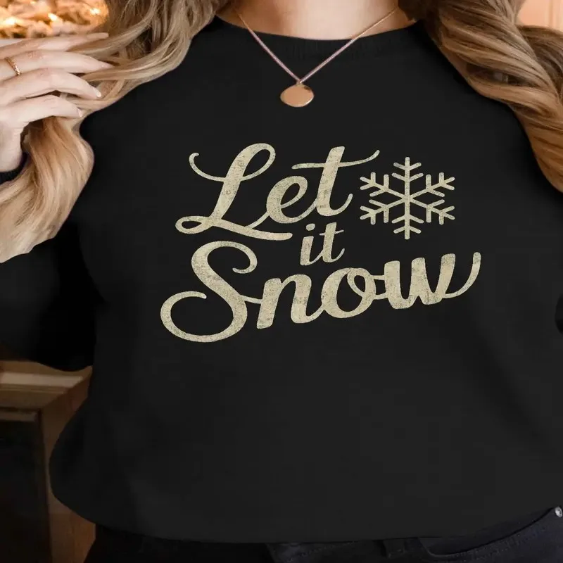

Осенне-зимний свитшот большого размера, женская одежда больших размеров, женская одежда со снежинками, праздничный стиль Let It Snow Text, уличный стиль, хлопок, комфорт