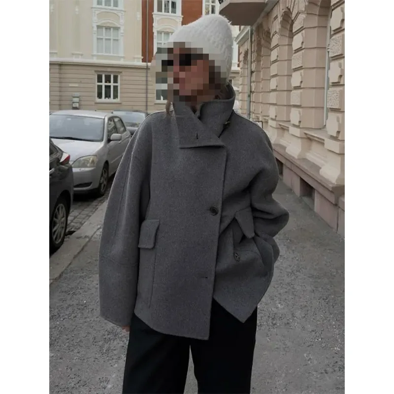 

Popular short stand-up collar single-breasted temperament woolen jacket