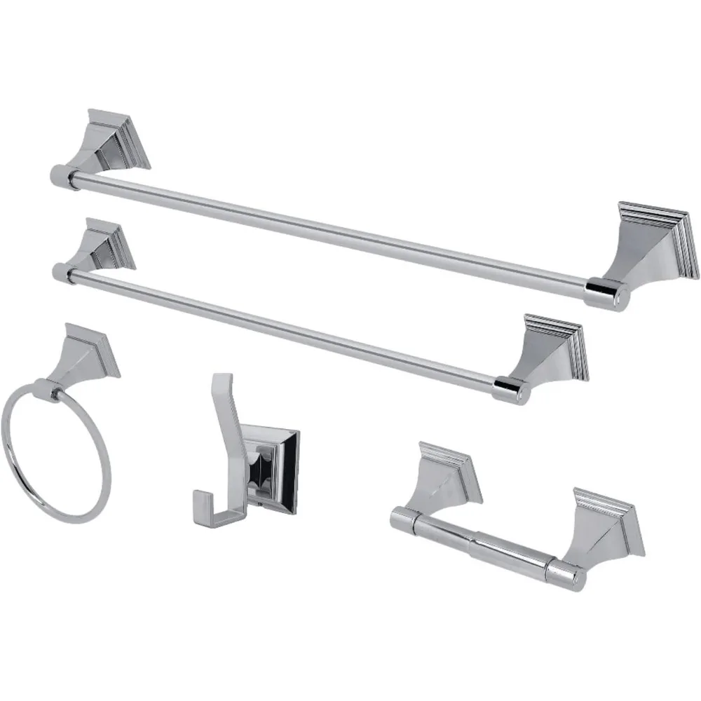 

Polished Chrome 5-Piece Bathroom Set with Towel Bar, Ring, Toilet Paper Holder, and Robe Hook