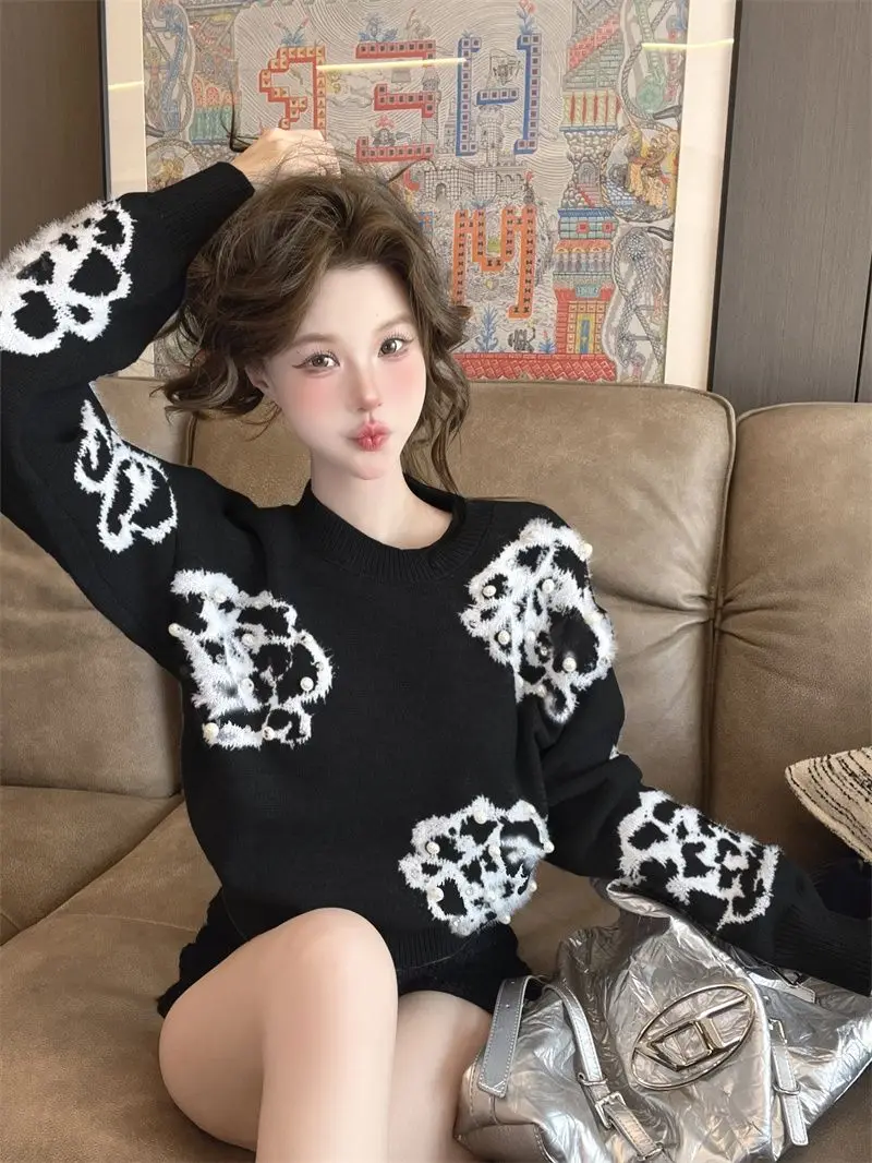 Fashionable Floral Beading Women's Knitted Pullovers Autumn Winter Elegant O-neck Slim Soft Vintage Sweaters