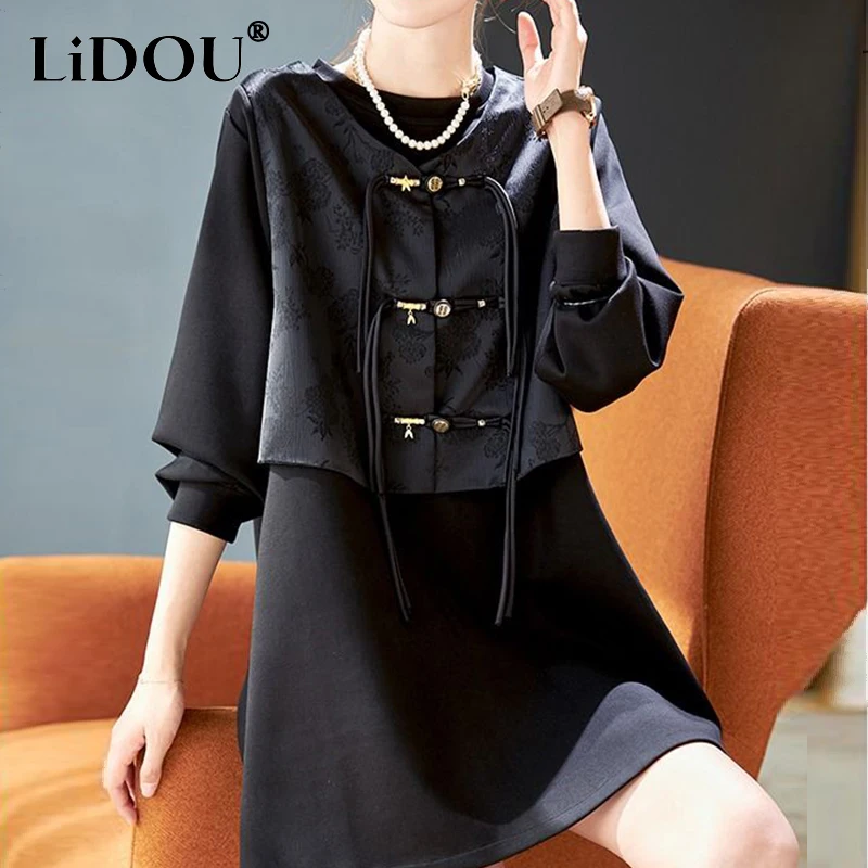 

Spring Summer New Chinese Style Vintage Fake Two Pieces A-line Sweatshirt Ladies Long Sleeve Elegant Fashion Pullover Robe Dress