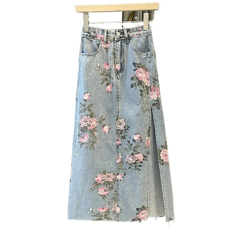 Spring Summer New Retro Versatile and Thin Split-ended Denim Print Skirt Women's Large Size Fat MM Hip-wrapped Medium Long Skirt