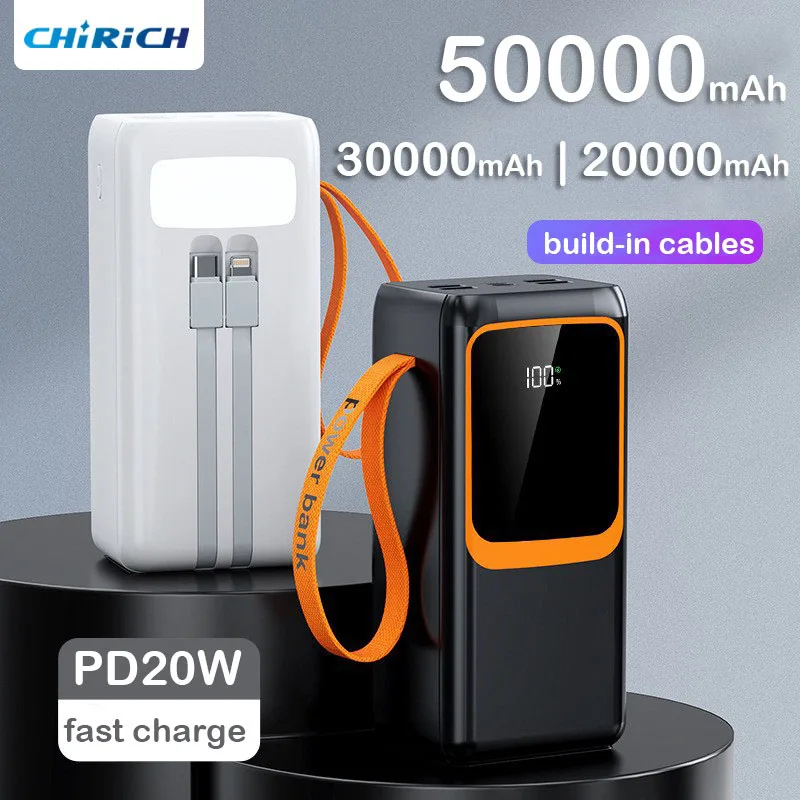 Large Capacity 50000mAh Power Bank USB C PD20W Fast Charge External Spare Battery Powerful 30000mAh Powerbank For iPhone Xiaomi