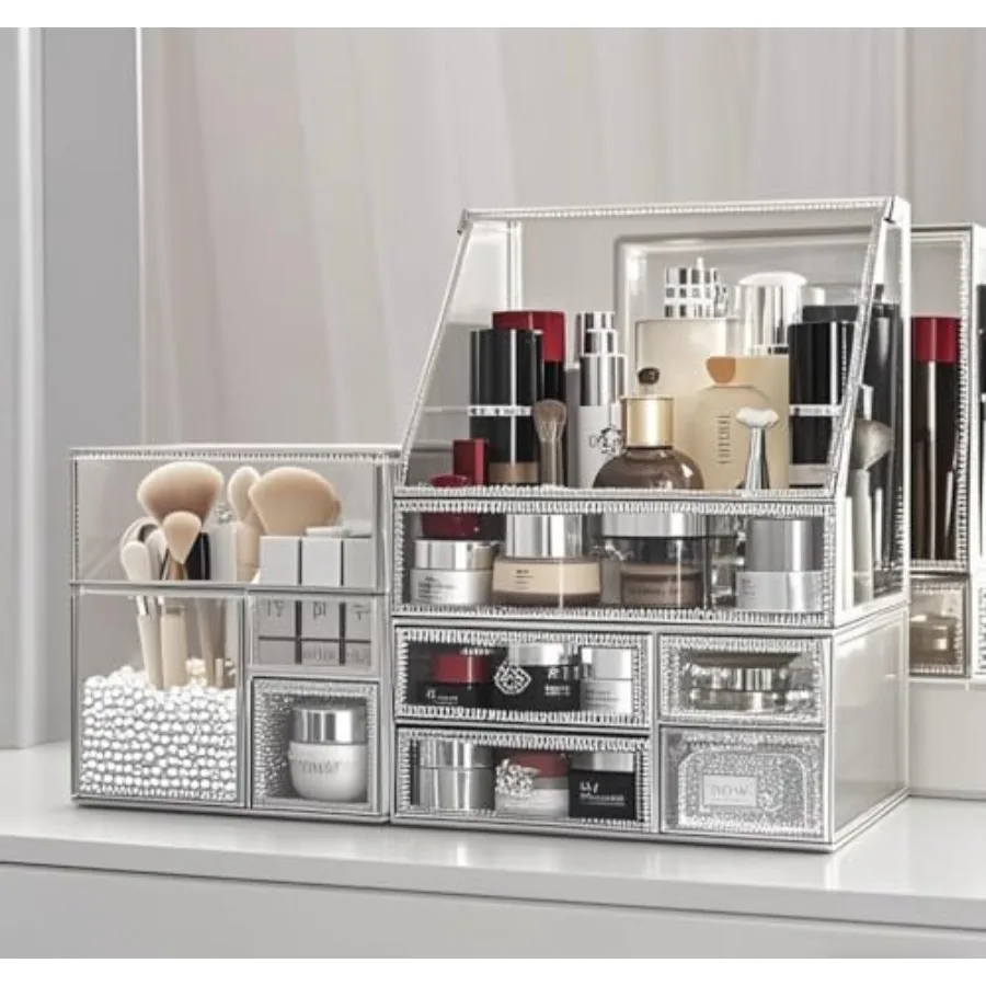 

Glass Makeup Organizer for Vanity Stackable 2Pieces Drawer Set Antique Countertop Vanity Cosmetic Storage Box Mirror Glass Beau