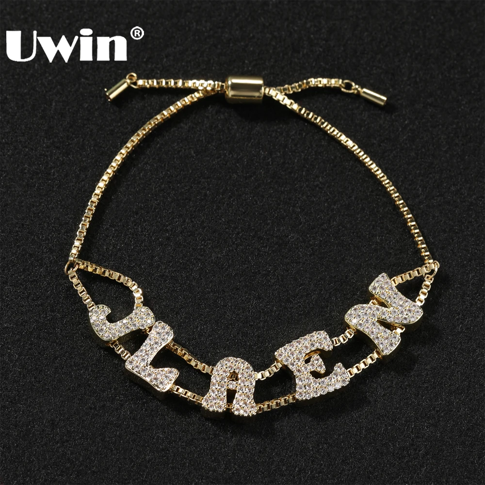 

UWIN DIY Mini BubbleLetter Bracelets for Women Iced Out Cubic Zircon Custom Names with Box Chain Bracelets Fashion DIY Jewelry