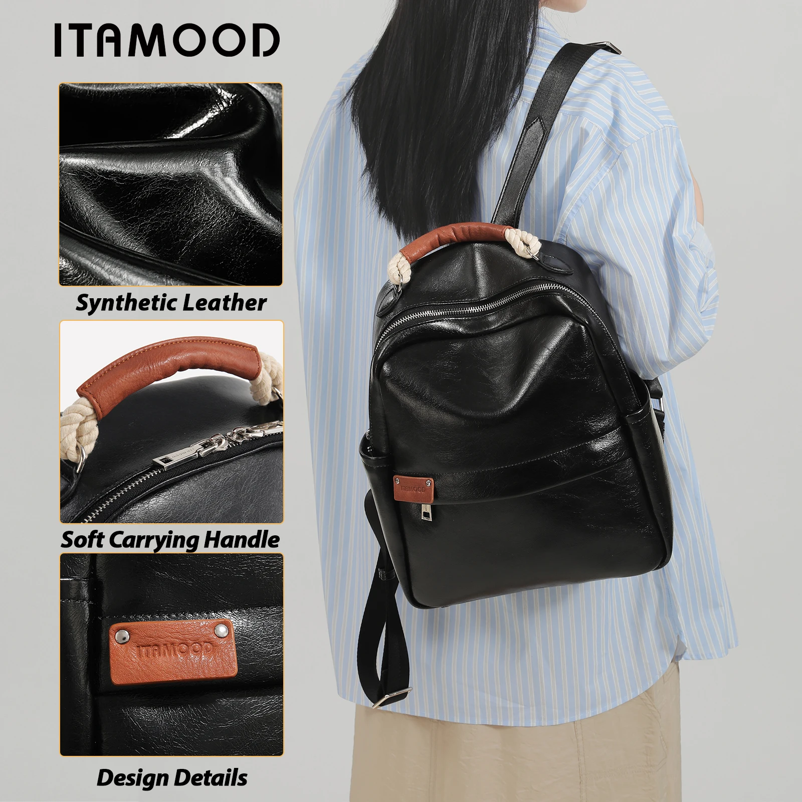 ITAMOOD-Sac à Dos en Cuir de Grande Capacité pour Femme, Simple, Voyage Polyvalent, à la Mode, 2024