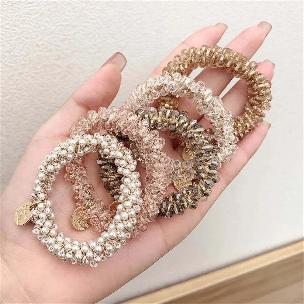 1pc Women Crystal Pearls Hair Rope Handmade Elastic Beaded Ponytail Holders Hair Ties For Women And Girls Hair Accessories