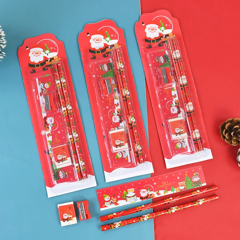 5pcs/set Cartoon Santa Claus Pencil Eraser Ruler Stationery Set Xmas School Goodie Bag Carnival Supplies Xmas New Year 2025 Noel