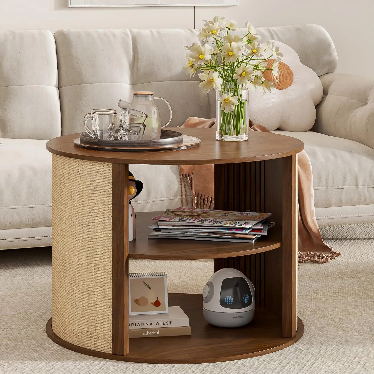 طاولة قهوة مستديرة مع مساحة تخزين، طاولة قهوة خشبية حديثة من طبقتين من بوهو لمنتصف القرن مع رف قابل للتعديل، قماش كيس