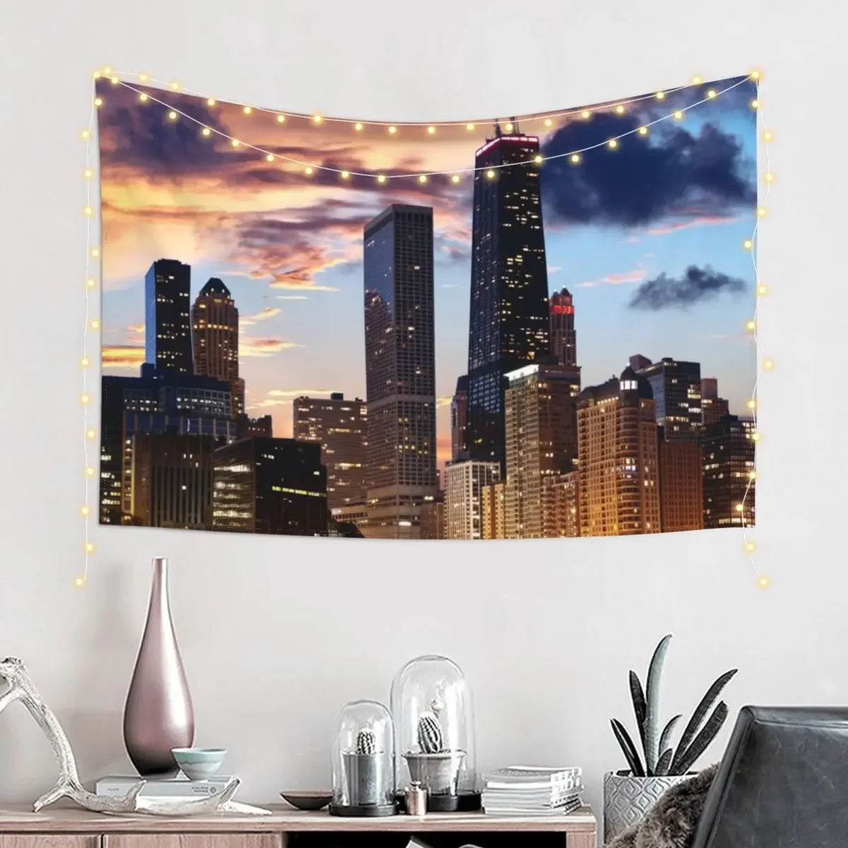 Chicago Skyline Downtown IL Sunset Tapestry Decorative Wall Murals Home Decorations Tapestry