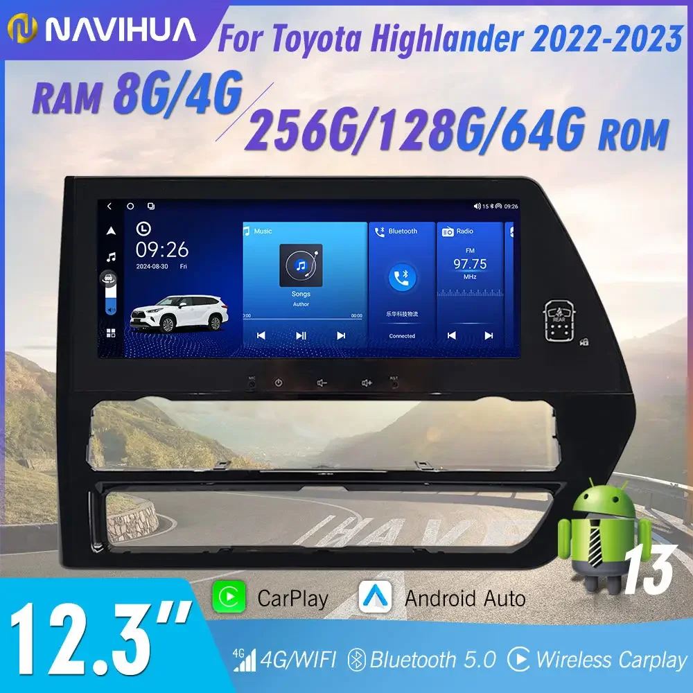 NaviHua 12.3 Inch New Multimedia Android Car Radio For Toyota Highlander 2022 2023 Auto GPS Navigation Carplay HeadUnit Monitor