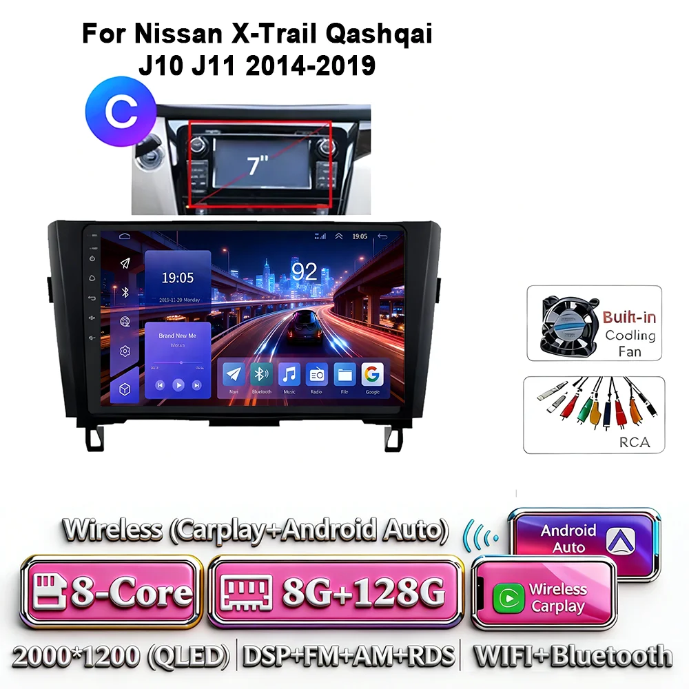 8-Core Android 17 2Din autoradio voor Nissan X-Trail Qashqai J10-J11 2014-2019 draadloze Carplay 4G GPS DSP BT dubbele lens