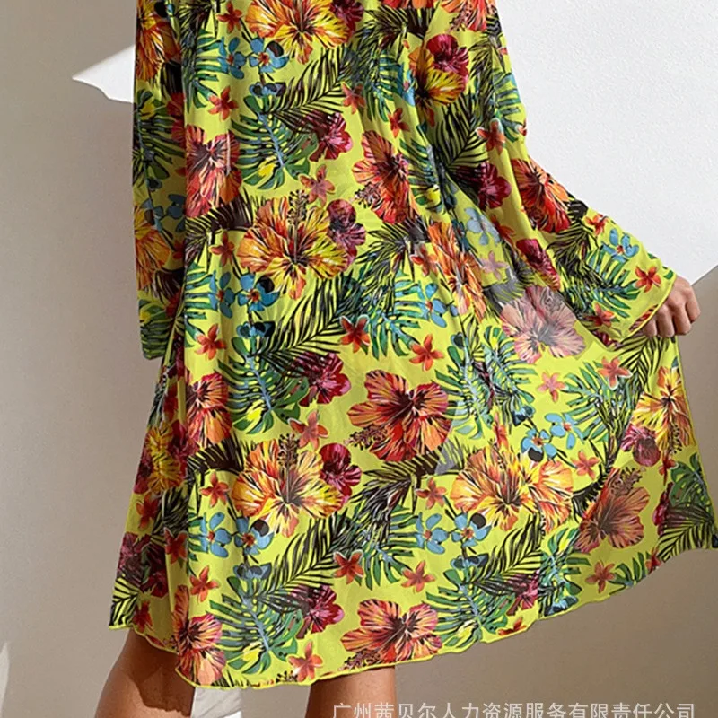 Terno estampado flor de três peças para mulheres, maiô sexy, biquíni, roupa de banho, roupas de natação, cobertura, sutiã, cuecas, novo