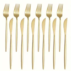 12-piece gold stainless steel knife and fork set, machine washable, suitable for kitchen and restaurant use