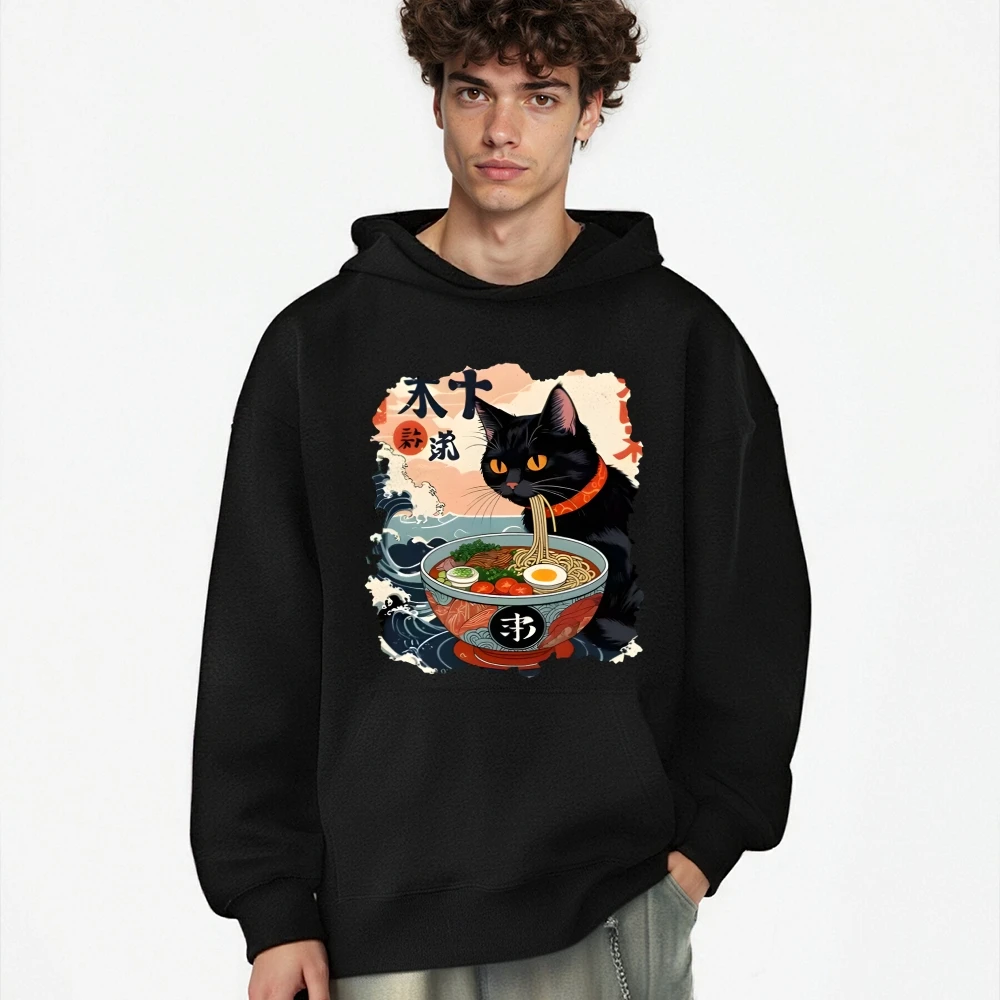 Kawaii Cat Anime Ramen Japanese Funny Graphic Hoodies Kawaii Noodle Cat Man Long Sleeve Wearing For Fall Winter Casual Wearing