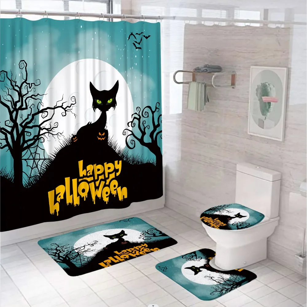 4Pcs Halloween Castle Pumpkin Shower Curtain Set With Rug Toilet Lid Cover Bath Mat Black Cat Bat Fabric Bathroom Decor Curtains