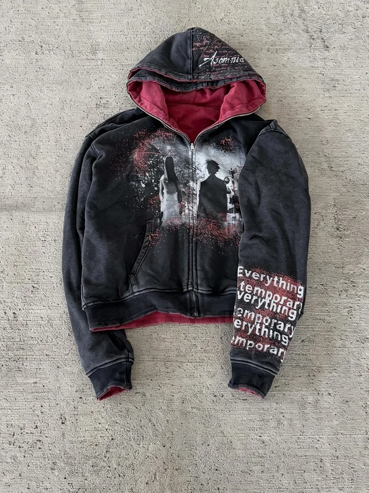 High street personality dark retro hoodie, double-sided contrast color design, Gothic print pattern,Autumn/Winter fashion hoodie