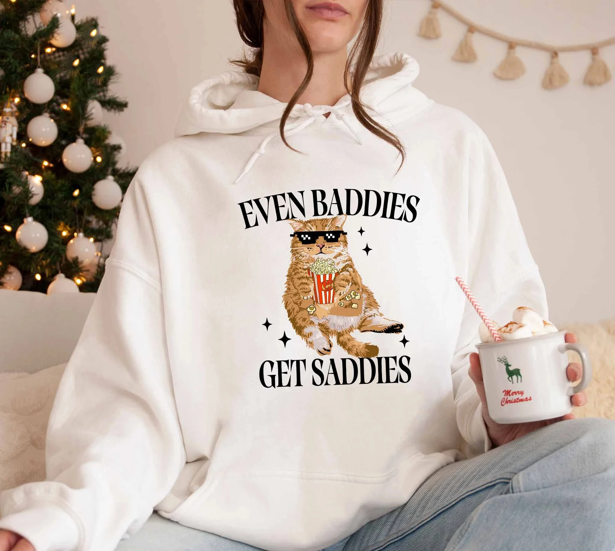 

Even Baddies Get Saddies Hoodie Sweatshirt Women Long Sleeve Sweatshirt Pullover Funny Cat Tops Fashion Casual Autumn Clothing