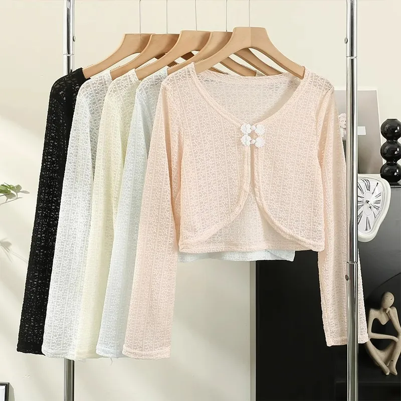 

Long Sleeve Knitted Mesh Shirts Womens Vintage Clothing Dress Outerwear Elegant Blouses Summer Sun-resistant Crop Top Women 2024