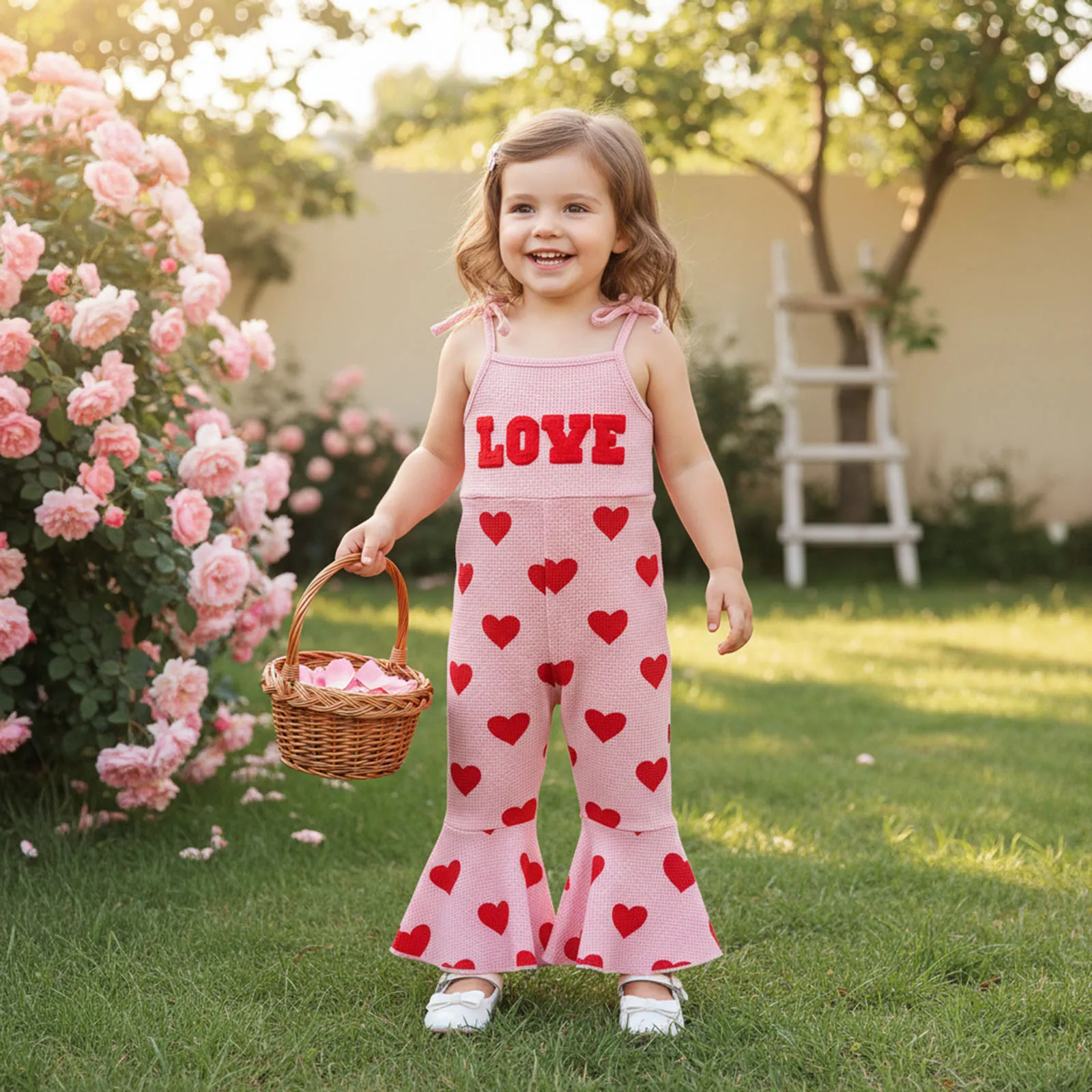 Lovely Baby Kid Girls Jumpsuit Sleeveless Heart Print Embroidery Letters Pants Bottoms Overalls for Valentines Day