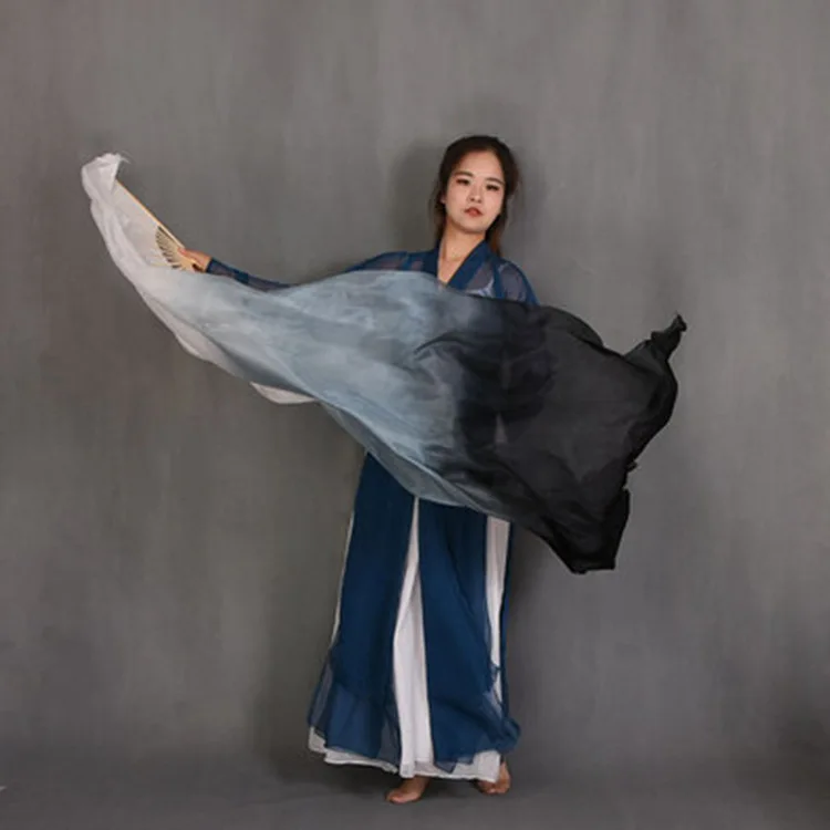 Hot-sell Black/White Mixed Belly Dancing 100% Real Silk Fan Veils Dyed Color Long Dancing Fans 180cm Lenglth Dance Performance