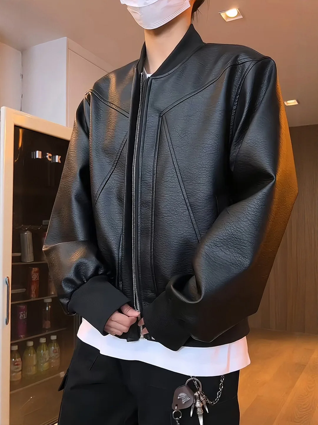 

American Deconstructed PU Leather Jaet Men's ort Sle Motorcycle Jaet Cleanfit Baseball orm High Sensation Spring ...