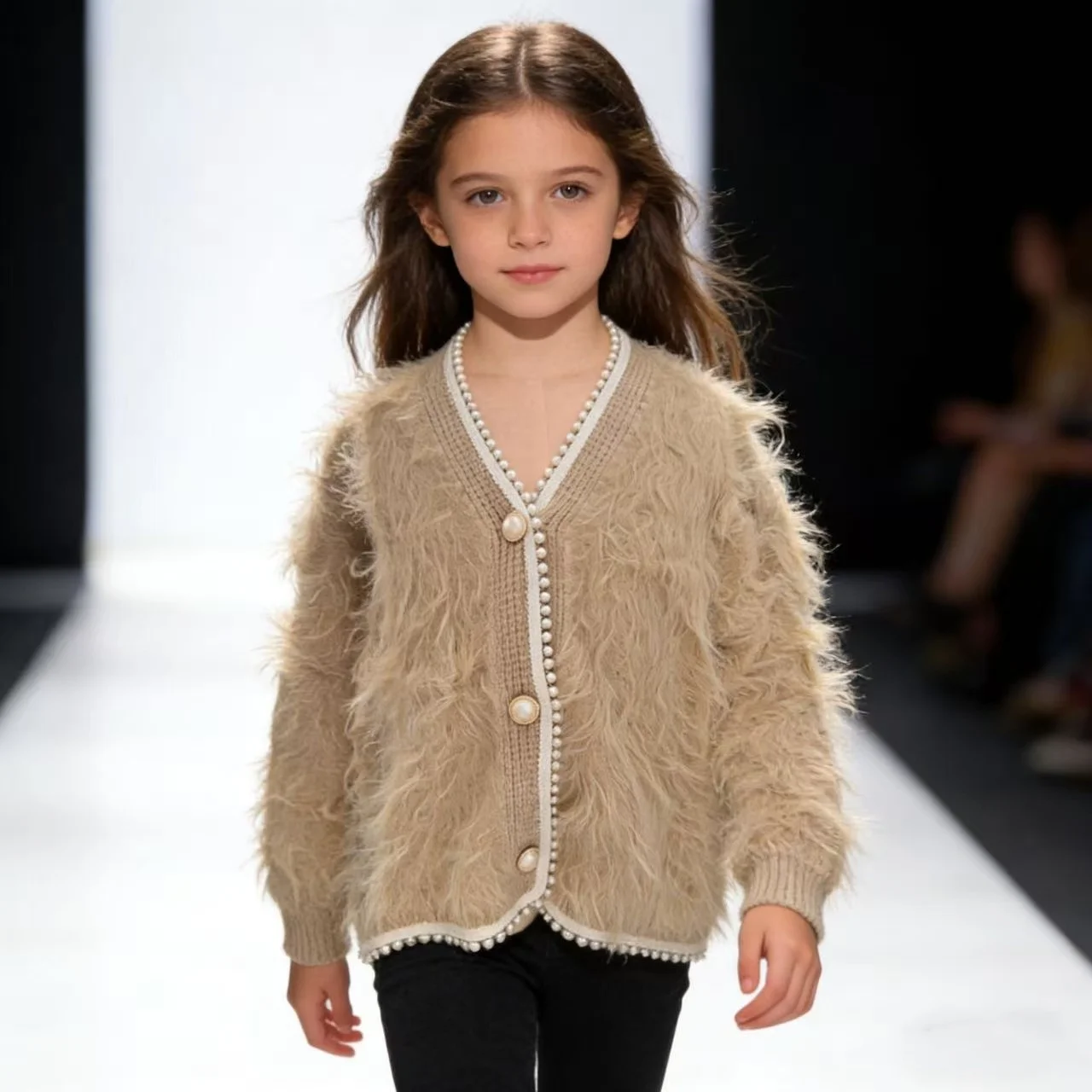 Luxury Fluffy Faux Fur Cardigan For Girls V-neck Pearl Button Knit Sweater Kids Spring Autumn Winter Warm Fashion Outerwear Pink
