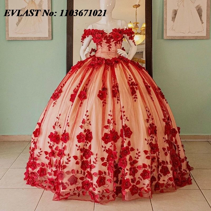 Evlast-シャンパンQuinceaneraドレス,光沢のある,花のアップリケビーズ,メキシココルセット,赤いボールガウン,甘い,16,sq624,16