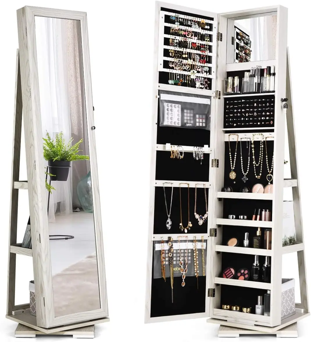 360° Swivel Jewelry Armoire with Higher Full Length Inside Makeup Mirror, Standing Lockable Cabinet Organizer