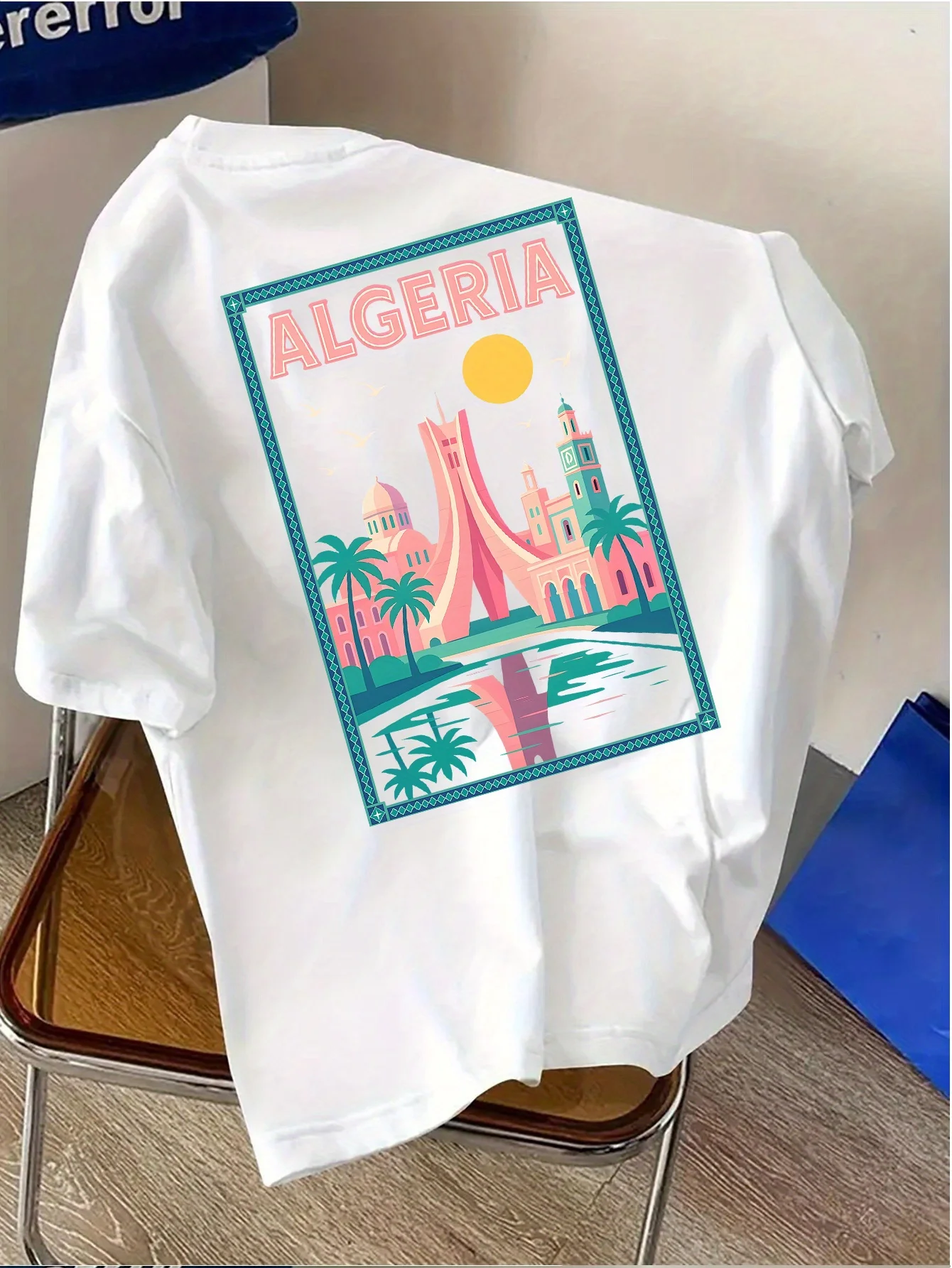 

Casual vacation wear! Men's fashionable T-shirt, "ALGERIA" printed round neck T-shirt - breathable and moisture-wicking, regular