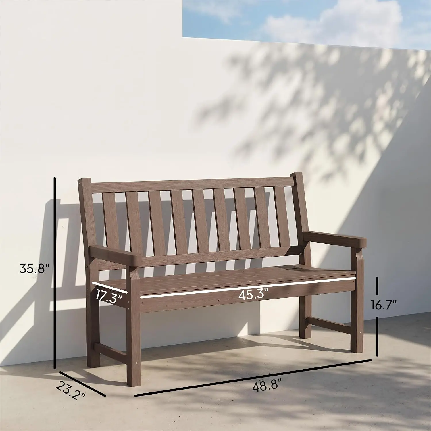 49 In Brown All Weather HDPE Garden Bench 528 LBS Capacity 2 Person Curved Seat Wood Grain Texture Slatted Porch Loveseat Backyard Park Lawn Furniture