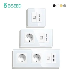 BSEED CAT5 Internet RJ45 doppia presa USB 2.4A con singole prese di corrente ue doppie prese a muro germania 16A telaio in vetro