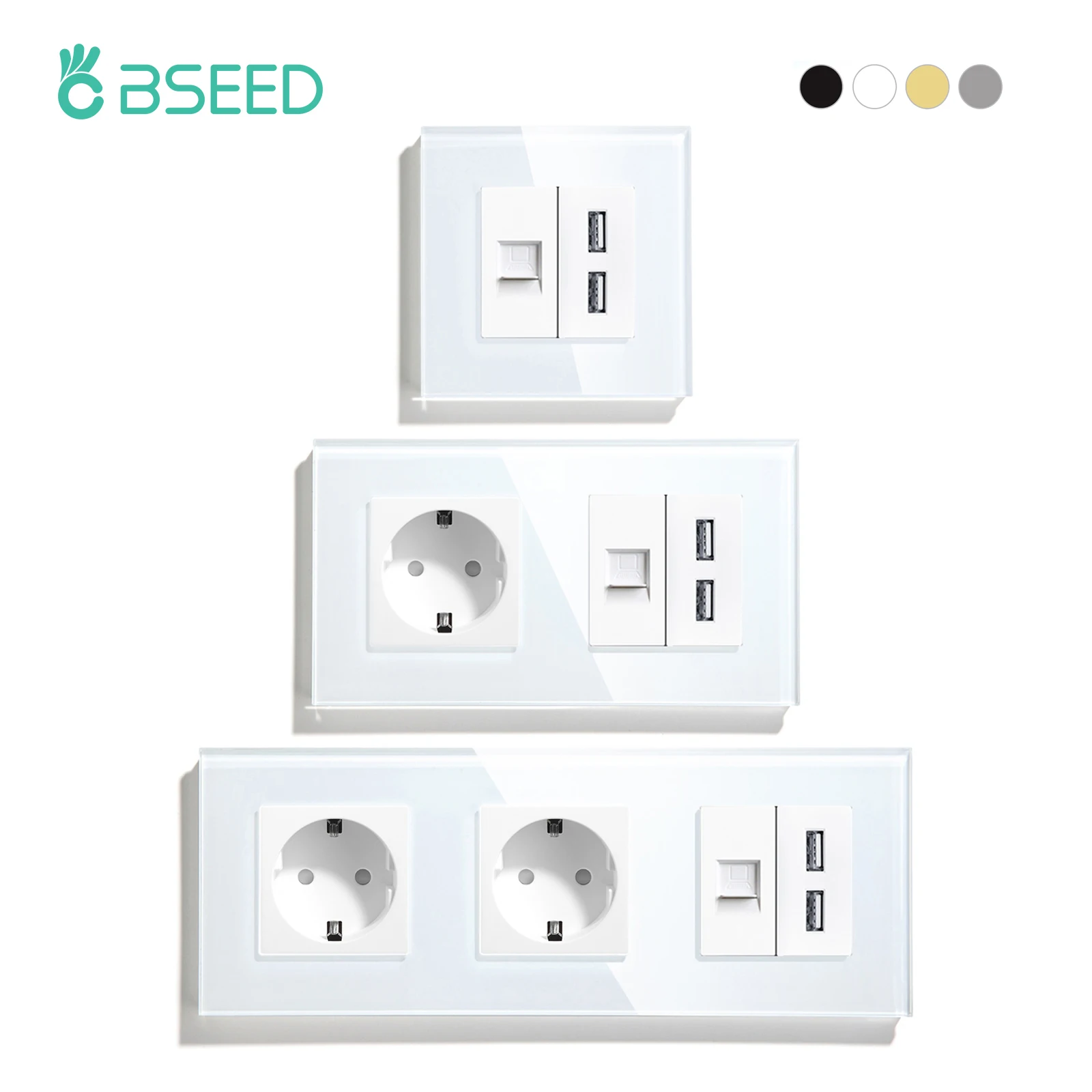 BSEED CAT5 Internet RJ45 Podwójne gniazdo USB 2.4A z pojedynczymi gniazdami zasilania UE Podwójne niemieckie gniazdka ścienne 16A Szklana ramka