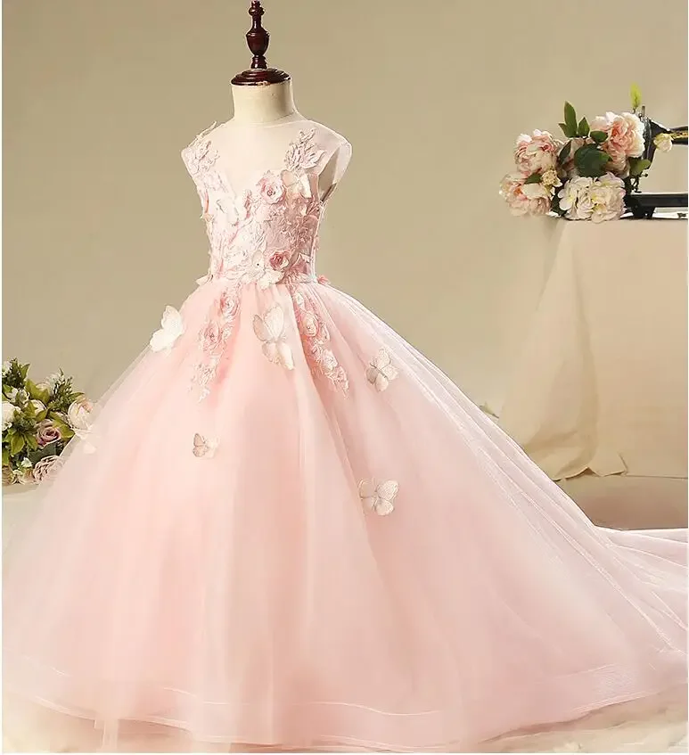 

Elegant Long Trailing Girls Pageant Dress Beaded Floral Flower Girl Dresses for Wedding First Communion Gown for Party Princess