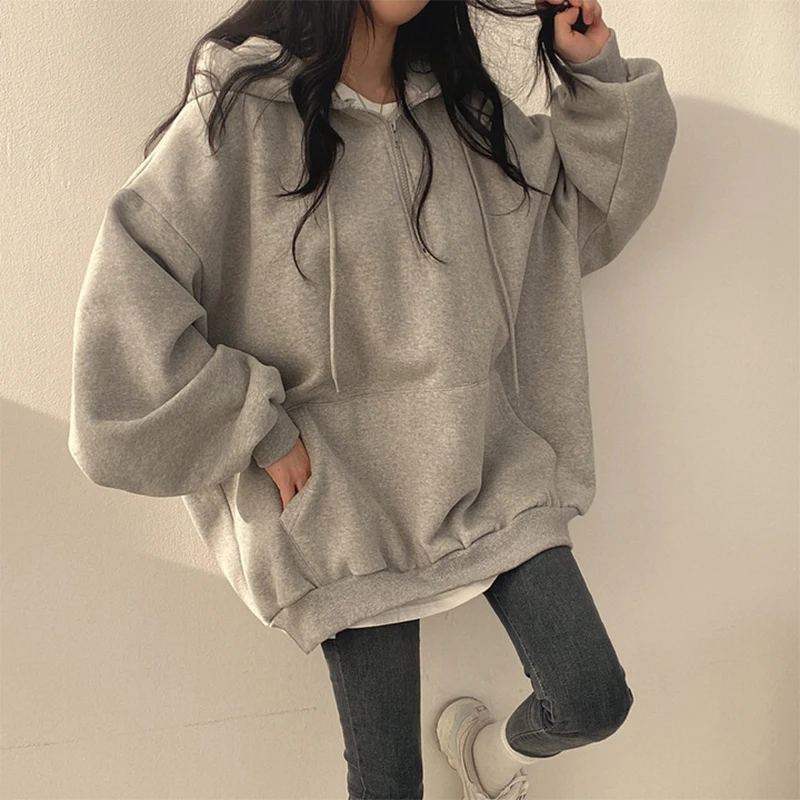 HOUZHOU Women cardigan Hoodie Streetwear Gray Harajuku Oversized Top Sweatshirt Female Casual Long Sleeve Pocket Hooded Coats