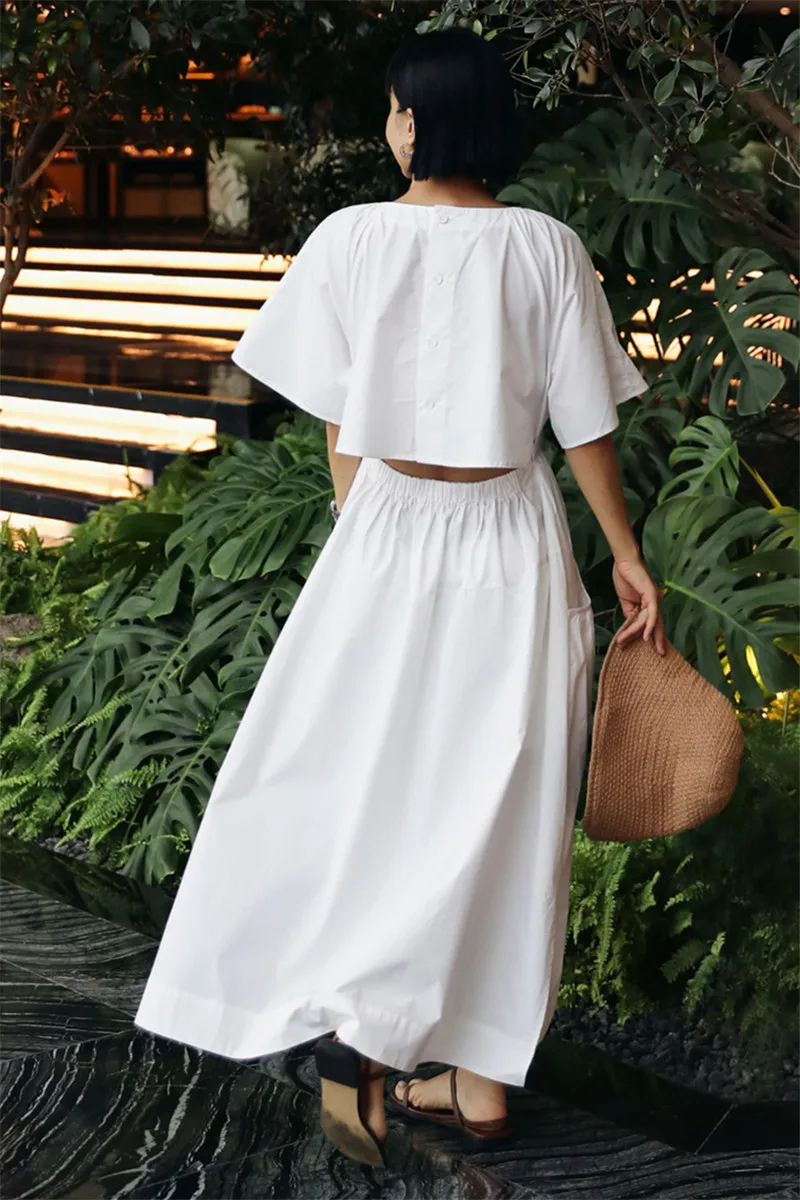 Women's Cloak Short Sleeve Maxi Dress Round Collar Back Cut Out Summer New Korean Leisure Holiday Dresses