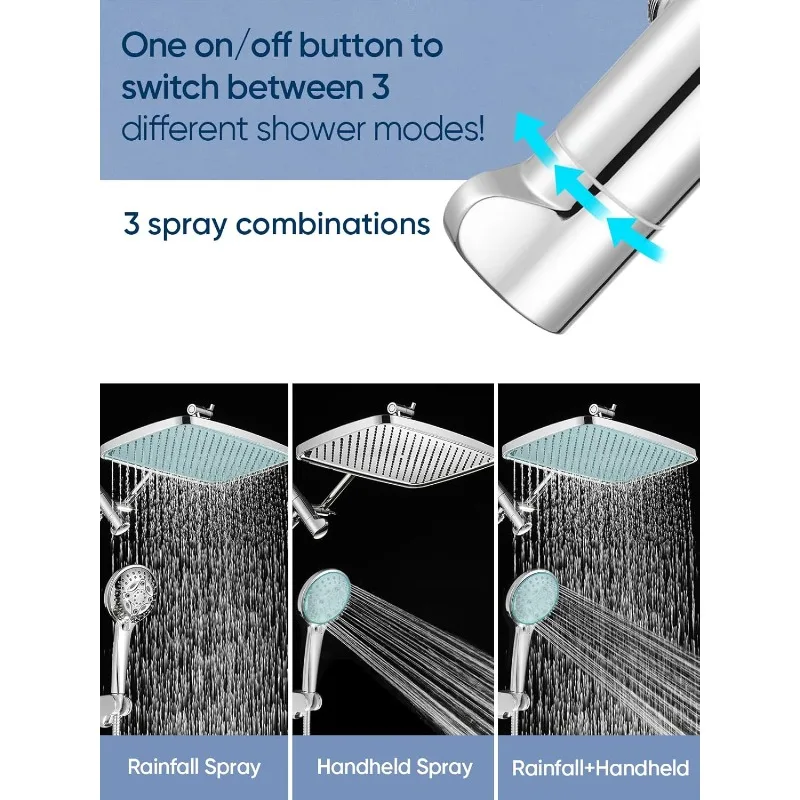 12 Inch Rain Shower Head - High Pressure Shower Head, Dual Shower Heads with 8 Modes Handheld Spray Combo