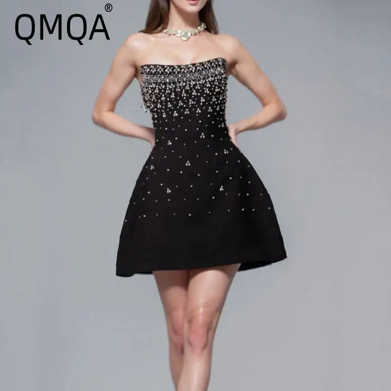 QMQA moda damska francuska diamentowa łączona sukienka Maxi imprezowa głęboki dekolt bez rękawów wysoka talia czarna sukienka damska 2024 1A122