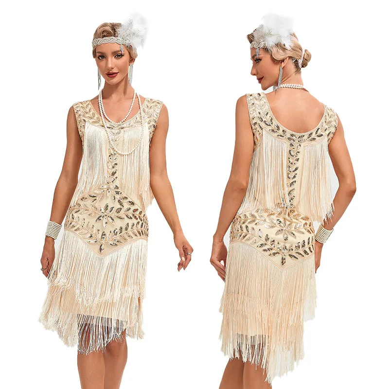 

1920 European and American Retro Ball Dress Dance Skirt Round Neck Sparkling Bead Embroidery Tassel Vest Dress
