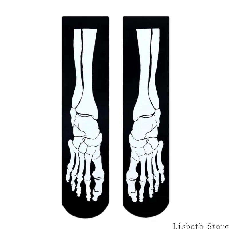

124A Skeleton Bone Print Middle Calf Socks Hosiery for Womens Mens Halloween Holiday Socks Cosplay Costume Accessories