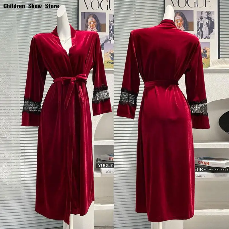 

Винтажный халат, велюровая одежда для сна, сексуальное кимоно с кружевными рукавами, интимное белье, осенне-зимние пижамы, ночная рубашка, свадебное платье невесты