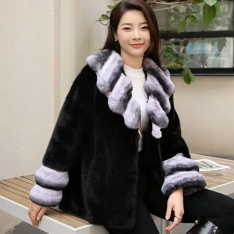 Zimowy, długi, obszerny, ciepły, gruby, puszysty, miękki, brązowy płaszcz ze sztucznego futra norek z falbaną, elegancki, luksusowy, futrzany płaszcz damski 2025 Wh52