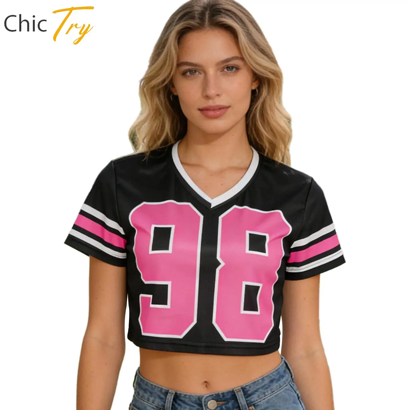 

Womens Number Print Crop Top Basketball Baseball Workout Tops Sportswear Cheerleading Hip Hop Dancewear Short Sleeve T-shirt Top