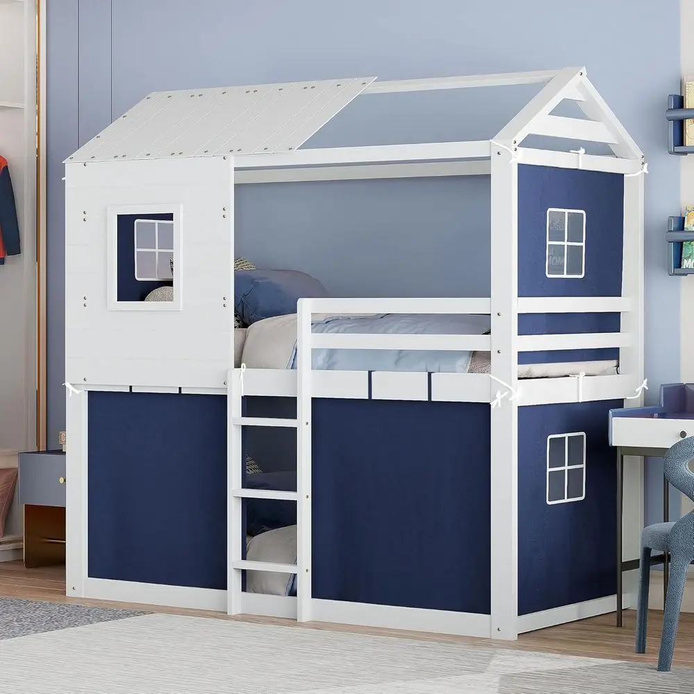 

Twin Bunk Bed with Tent, Roof, and Stairs for Kids, Blue, No Box Spring Needed